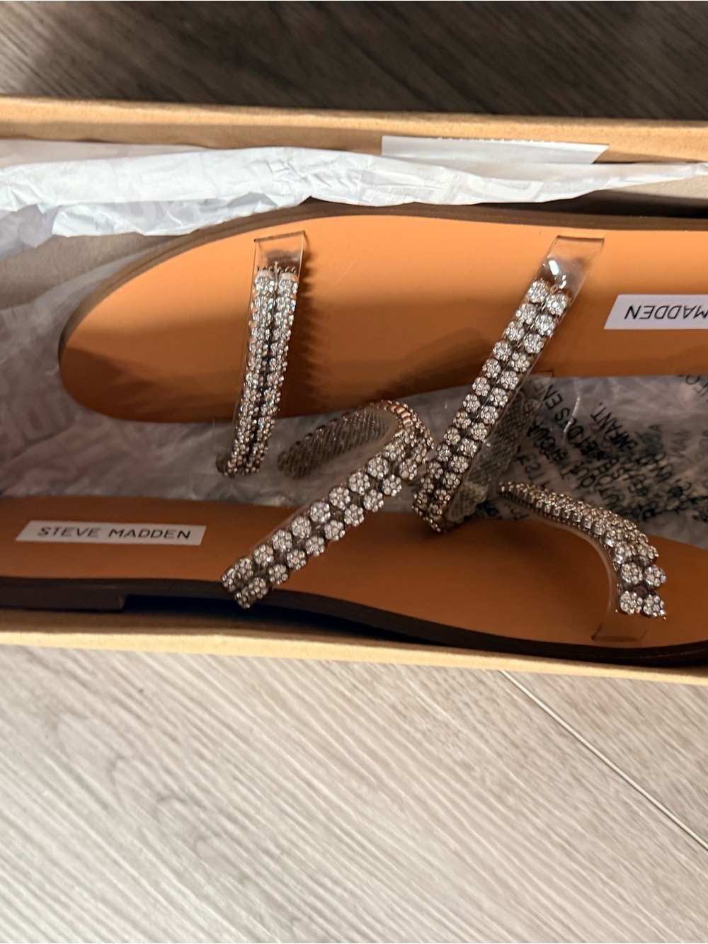 Steve Madden Tan Slide Sandals with Rhinestone Straps - Picture 5 of 7